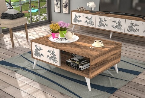 Masuta de cafea Butterflies, Raffline, 180x30x48 cm, PAL, maro/alb