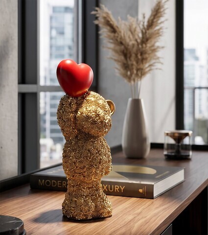 Statueta / figurina decorativa, Mauro Ferretti, Teddy Bear With Heart, 9x6.5x18.8 cm, polirasina, auriu/rosu