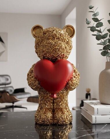 Statueta / figurina decorativa, Mauro Ferretti, Teddy Bear With Heart, 8.5x7x16 cm, polirasina, auriu/rosu