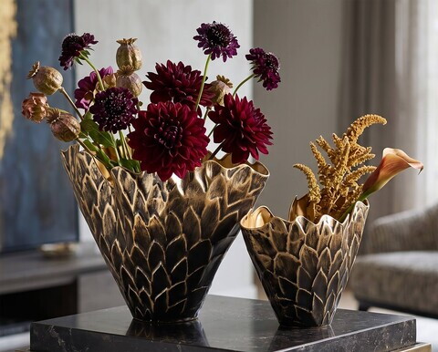 Set 2 vaze decorative, Mauro Ferretti, Scale Pattern, 51.5x23x28 cm, fier, negru