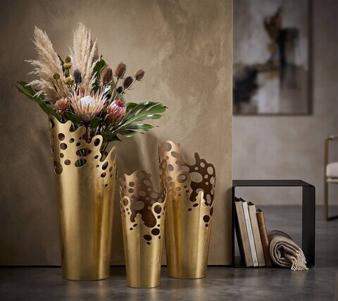 Set 3 vaze decorative, Mauro Ferretti, Glam Perforated Edge, 33x32.4x75.6 cm, fier, auriu