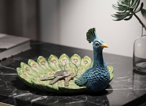 Tava decorativa, Mauro Ferretti, Eclectic Peacock-Shaped, 8x16x10 cm, polirasina, multicolor