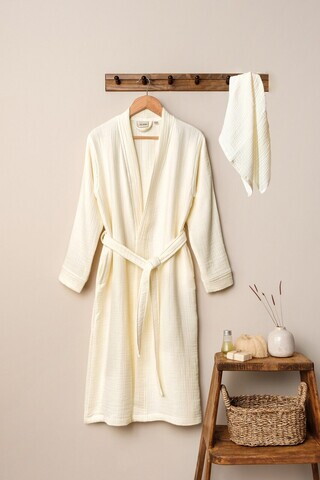 Set halat si prosop de baie, L'essentiel Maison, Kimono, Bumbac, Ecru