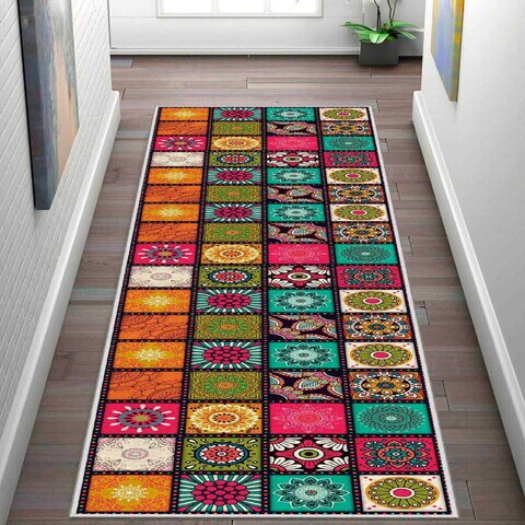 Covor, Wooylk0089, 80x250 cm, Poliester, Alb / Portocaliu / Verde / Galben / Fuchsia
