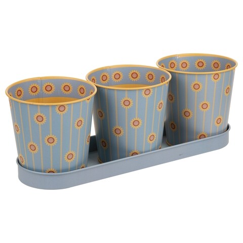 Set 3 ghivece cu tavita Sunflower, Creaciones Meng, 10x10, metal galvanizat