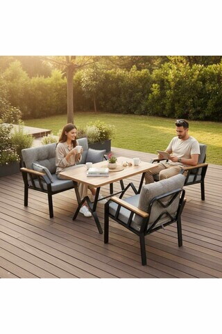 Set mobilier de gradina, Hanah Home, Nergiz 2+1+1, Metal, Alb/Negru
