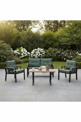 Set mobilier de gradina, Hanah Home, Nergiz 2+1+1, Metal, Verde/Negru