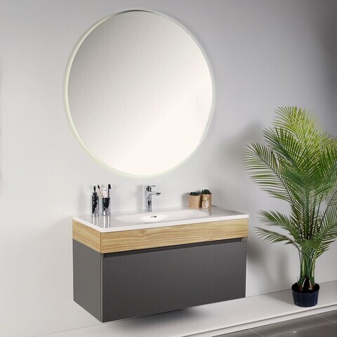Dulap de baie cu chiuvetă și oglindă (2 Pieces), Hanah Home, Armonie, PAL, Fumuriu