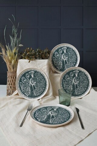 Set farfurii pentru desert, Hermia, 275KRM2016, Ceramica, Crem / Albastru marin