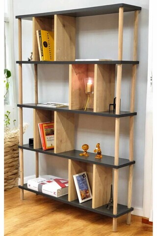 Corp biblioteca, Hanah Home, Peka-0045, 90x137x20 cm, PAL, Antracit / Stejar