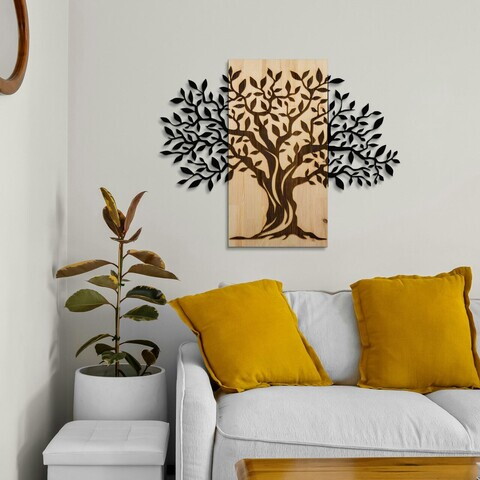 Decoratiune de perete, Arbre de Vie-1, Metal, Rama din lemn (grosime 3 cm), Natural/Negru