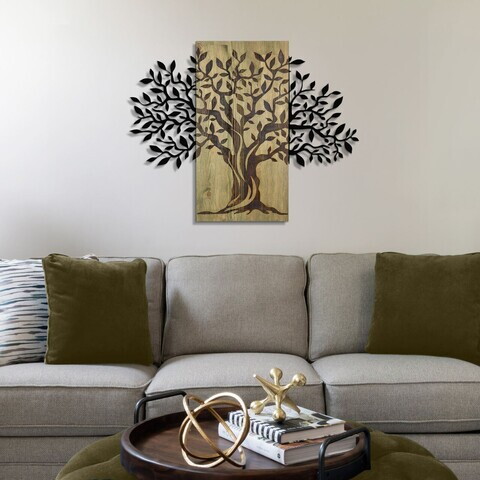 Decoratiune de perete, Arbre de Vie-2, Metal, Rama din lemn (grosime 3 cm), Verde/Negru
