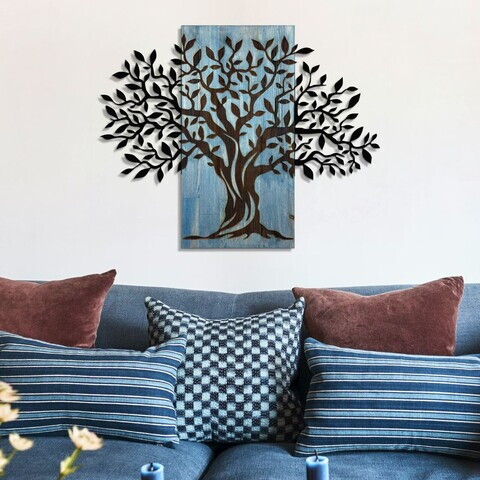 Decoratiune de perete, Arbre de Vie-3, Metal, Rama din lemn (grosime 3 cm), Albastru/Negru