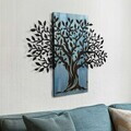 Decoratiune de perete, Arbre de Vie-3, Metal, Rama din lemn (grosime 3 cm), Albastru/Negru