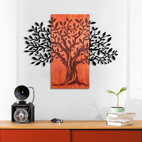 Decoratiune de perete, Arbre de Vie-4, Metal, Rama din lemn (grosime 3 cm), Roșu/Negru