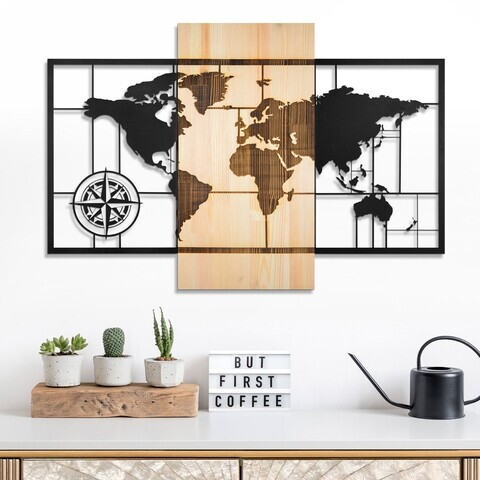 Decoratiune de perete, Fusione Naturale -1, Metal, Rama din lemn (grosime 3 cm), Natural/Negru