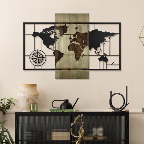 Decoratiune de perete, Fusione Naturale -2, Metal, Rama din lemn (grosime 3 cm), Verde/Negru