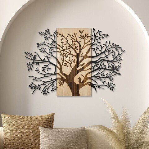Decoratiune de perete, Sombra del Bosque -1, Metal, Rama din lemn (grosime 3 cm), Natural/Negru