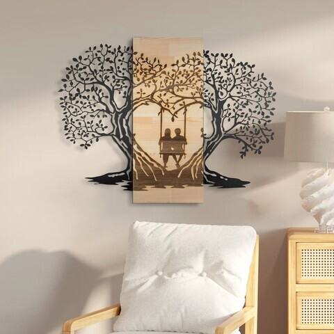 Decoratiune de perete, Sogno Forestale -1, Metal, Rama din lemn (grosime 3 cm), Natural/Negru