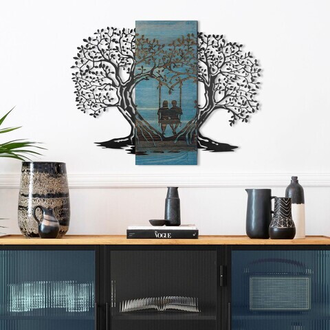 Decoratiune de perete, Sogno Forestale -3, Metal, Rama din lemn (grosime 3 cm), Albastru/Negru