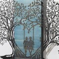 Decoratiune de perete, Sogno Forestale -3, Metal, Rama din lemn (grosime 3 cm), Albastru/Negru
