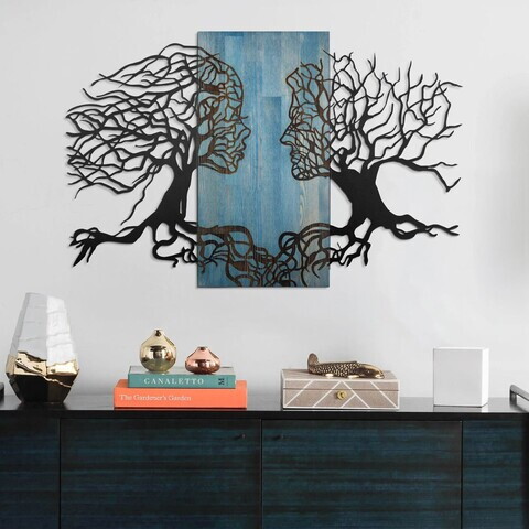 Decoratiune de perete, Murmure des Feuilles -1, Metal, Rama din lemn (grosime 3 cm), Albastru/Negru