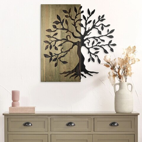Decoratiune de perete, Aura of Nature -1, Metal, Rama din lemn (grosime 3 cm), Verde/Negru