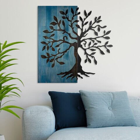 Decoratiune de perete, Aura of Nature -1, Metal, Rama din lemn (grosime 3 cm), Albastru/Negru