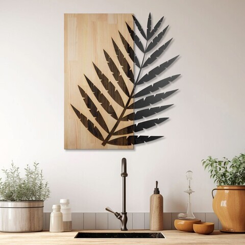 Decoratiune de perete, Hoja de Arte -1, Metal, Rama din lemn (grosime 3 cm), Natural/Negru