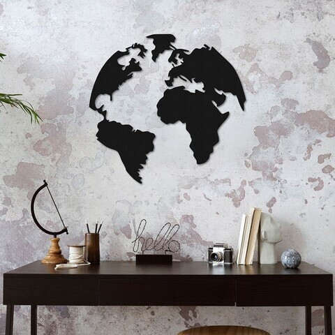 Decoratiune de perete, World, Metal, Grosime: 1,2 mm, Negru