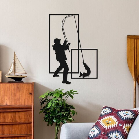Decoratiune de perete, Pescador, Metal, Grosime: 1,2 mm, Negru
