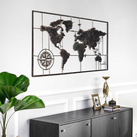 Decoratiune de perete, Worl Map, Metal, Grosime: Tablă metalică 1,2 mm, Vintage