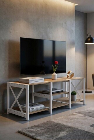 Comoda TV, Hanah Home, TV Unit Shelf, 110x40x38 cm, PLASTIC LEMN, Alb