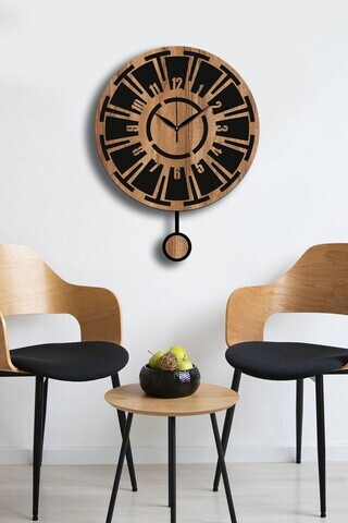 Ceas de perete decorativ, Vlnt114Mo, MDF, Diametru: 39 cm, Nuc / Negru