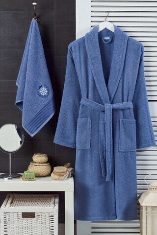 Set halat si prosop de baie, L'essentiel Maison, Cora, Bumbac, Albastru indigo