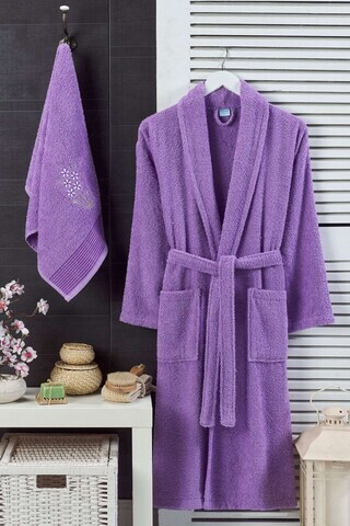 Set halat si prosop de baie, L'essentiel Maison, Cora, Bumbac, Mov