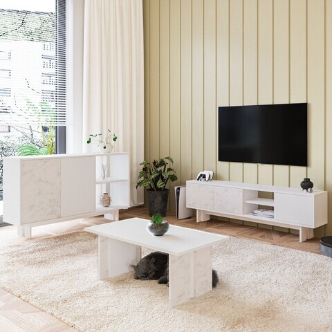 Set mobilier living, Hanah Home, Ravello, PAL, Marmură albă / albă
