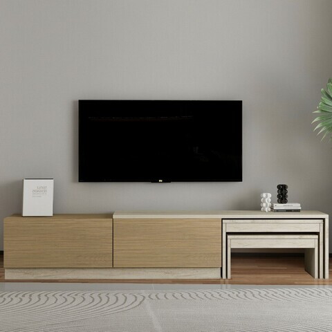 Comoda TV, Hanah Home, Nest, 180x36x30 cm, PAL, Travertin / Stejar cald
