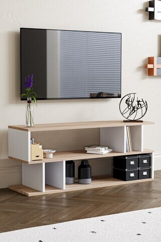 Comoda TV, Hanah Home, Selya, 120x50x35 cm, PAL, Stejar Sonomo / Alb