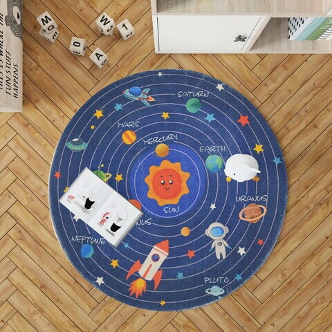 Covor, Woopamuk107, 140x140 cm, Bumbac/Poliester, Albastru navy