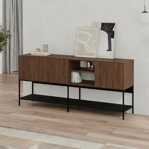 Consola, Hanah Home, Amira, 180x80x40 cm, PAL, Nuc Milano / Negru lemn / Negru