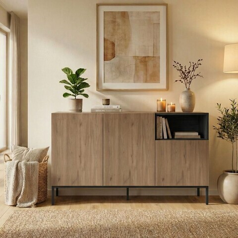 Consola, Hanah Home, Cailin 140, 140x80x41.8 cm, PAL, Stejar Sepet / Negru lemn / Gresie