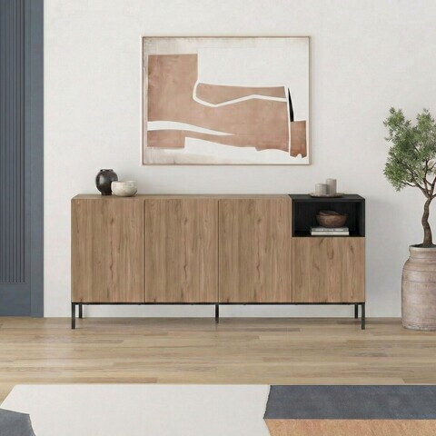 Consola, Hanah Home, Cailin 180, 180x80x41.8 cm, PAL, Stejar Sepet / Negru lemn / Gresie