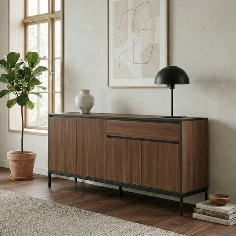 Consola, Hanah Home, Lorenza, 180x80x40 cm, PAL, Nuc Milano / Negru lemn / Negru
