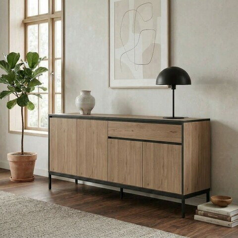 Consola, Hanah Home, Lorenza, 180x80x40 cm, PAL, Stejar Sepet / Lemn Negru / Negru