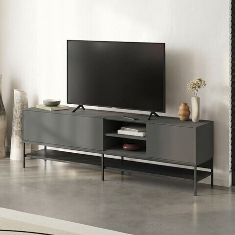 Comoda TV, Hanah Home, Amira, 180x55x35 cm, PAL, Antracit / Negru lemn / Negru
