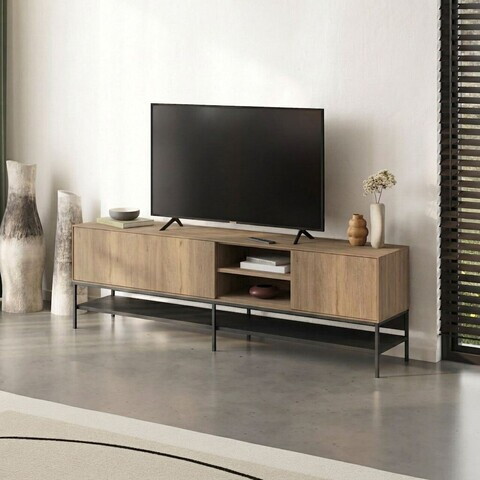 Comoda TV, Hanah Home, Amira, 180x55x35 cm, PAL, Stejar Sepet / Lemn Negru / Negru