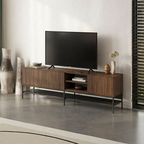 Comoda TV, Hanah Home, Amira, 180x55x35 cm, PAL, Nuc Milano / Negru lemn / Negru