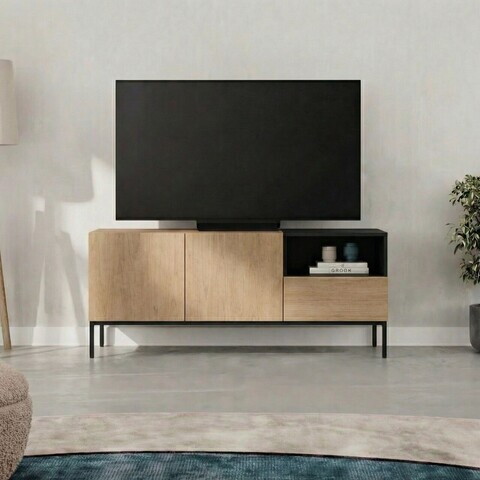 Comoda TV, Hanah Home, Cailin 140, 140x55x41.8 cm, PAL, Stejar Sepet / Lemn Negru / Negru