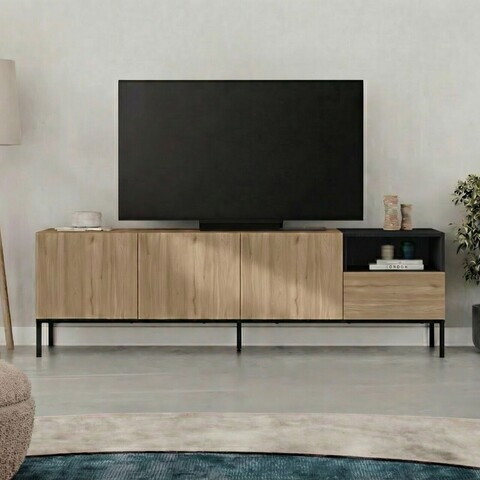 Comoda TV, Hanah Home, Cailin 180, 180x55x41.8 cm, PAL, Stejar Sepet / Negru lemn / Gresie